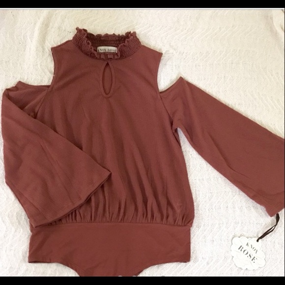 Cold Shoulder Rust Color High Neck Bodysuit XS - Picture 3 of 4